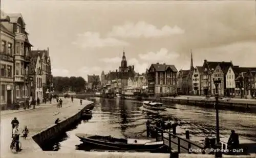 Ak Emden in Ostfriesland, Emden Raths-Delft, Hafenansicht, historische Gebäude, Boote