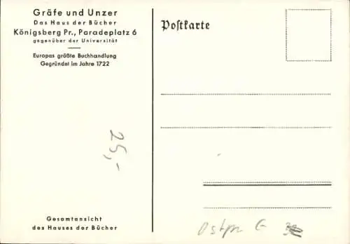 Ak Kaliningrad Königsberg Ostpreußen, Paradeplatz 6, Gräfe und Unzer, Haus der Bücher