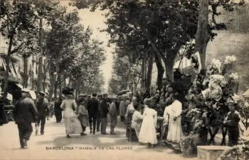 Ak Barcelona Katalonien Spanien, Rambla de las Flores, Spaziergänger, Allee