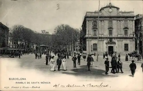 Ak Barcelona Katalonien Spanien, Vorderansicht der Rambla de Santa Mónica, Menschenmenge, Gebäude