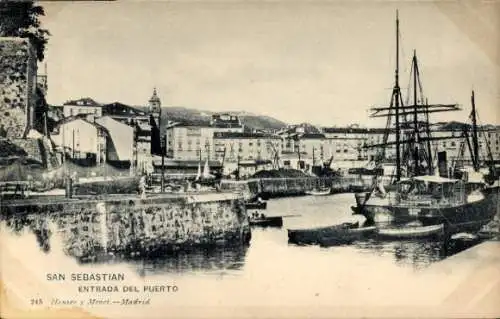 Ak Donostia San Sebastian Baskenland, Blick auf den Hafen, Schiffe, Küstenlandschaft, historis...