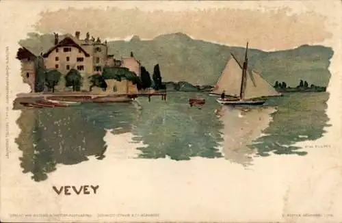 Künstler Litho Voellmy, F., Vevey Kanton Waadt, Seepartie, Segelboot