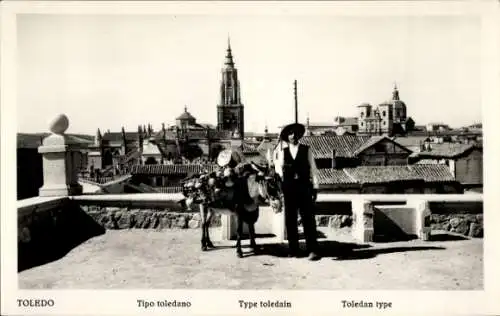 Ak Toledo Kastilien La Mancha Spanien, Tipo toledano, Aussichtsterasse, Mann mit Esel, Kirchturm