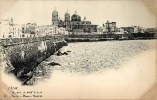 Ak Cádiz Andalusien, Blick auf die Stadtmauer, Kathedrale, Wasser, südliche Seite