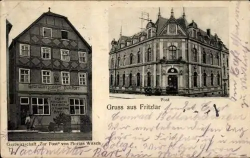 Ak Fritzlar in Hessen, Postkarte mit Gastwirtschaft ZUR POST, hübsches Gebäude, Gruss aus Frit...