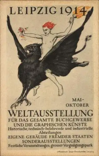 Ak Leipzig, Weltausstellung für das Buchgewerbe u. graphische Künste 1914, Mann auf schwarzem Greif