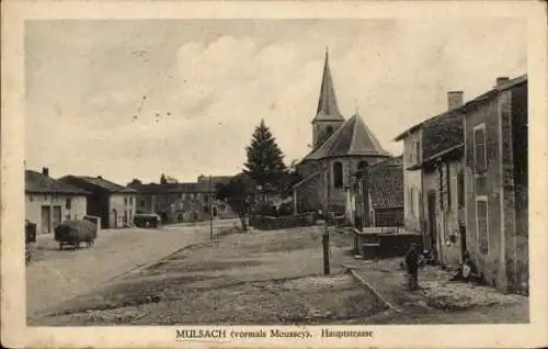 Ak Moussey Mulsach Lothringen Moselle, Hauptstraße, Kirche, Häuser, Landschaft, historische An...