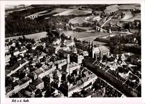 Ak Hof an der Saale Oberfranken Bayern, Hotel Strauß, Fliegeraufnahme