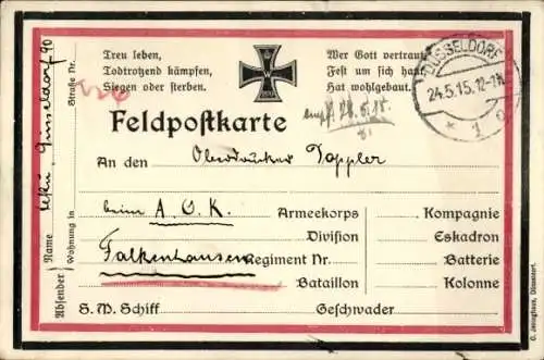 Ak Feldpostkarte, Eisernes Kreuz, Korrespondenz, Treu leben, Todtrotzend kämpfen...