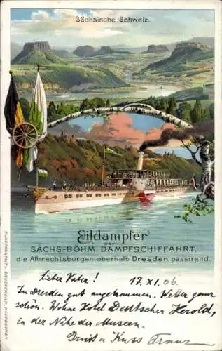 Litho Dresden Loschwitz, Albrechtssburgen, Eildampfer sächs. bohm. Dampfschifffahrt, Sächs. Schweiz