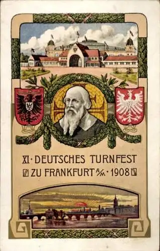 Ak Frankfurt am Main, XI Deutsches Turnfest 1908, Festhalle, Porträt Turnvater Jahn