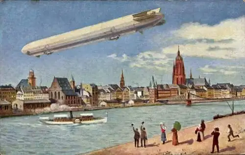 Künstler Ak Zeppelin über der Stadt, Internationale Luftschifffahrts Ausstellung Frankfurt am Main