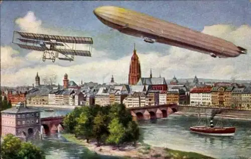 Künstler Ak Frankfurt am Main, Zeppelin, Flugzeug, Internationale Luftschifffahrts-Ausstellung