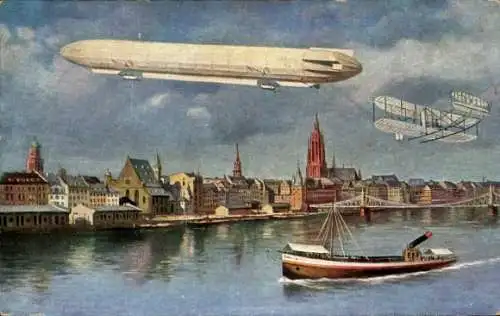 Künstler Ak Frankfurt am Main, Internationale Luftfahrtausstellung, Zeppelin, Doppeldecker