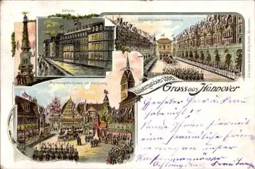 Litho Hannover in Niedersachsen, Kaisermanöver 1898, Marktplatz