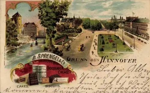 Litho Hannover in Niedersachsen, Platz, Brücke, B. Sprengel & Co. Schokolade Fabrik, Reklame