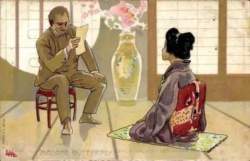 Künstler Ak Frau in japanischer Tracht, Mann liest vor, Madame Butterfly