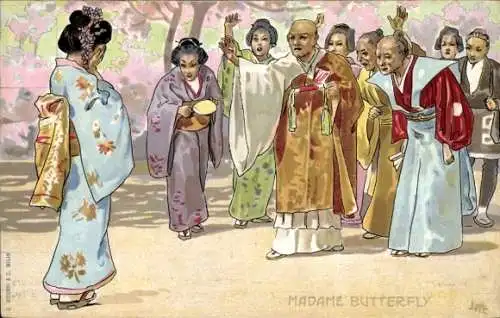 Künstler Ak Frau in japanischer Tracht, Madame Butterfly, Szene