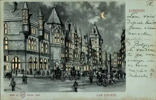 Halt gegen das Licht Mondschein Litho London City England, Law Courts