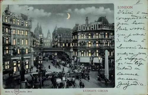 Halt gegen das Licht Mondschein Litho London City England, Ludgate Circus