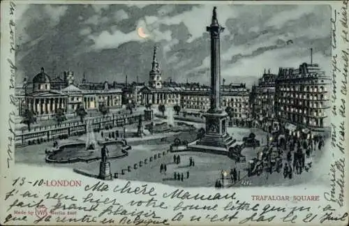 Halt gegen das Licht Mondschein Litho London City England, Trafalgar-Square