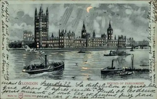 Halt gegen das Licht Mondschein Litho London City England, Houses of Parliament