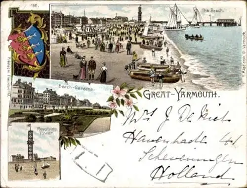 Wappen Litho Great Yarmouth Norfolk England, Beach, Gardens, Revolving Tower