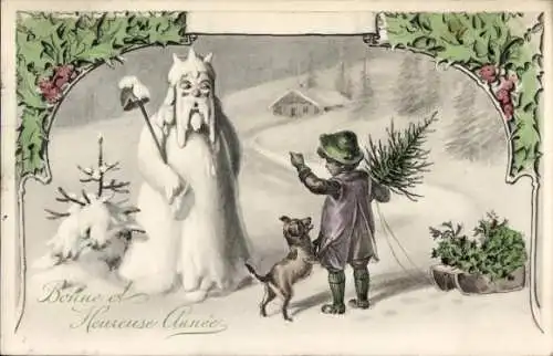 Ak Glückwunsch Neujahr, Schneemann, Kind, Hund, Stechpalme