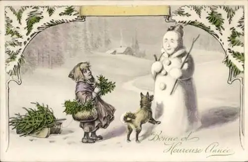 Ak Glückwunsch Neujahr, Mädchen, Hund, Schneemann, Schlitten