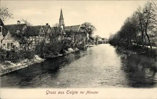 Ak Telgte in Westfalen, Teilansicht, Fachwerkhäuser am Fluss, Kirche