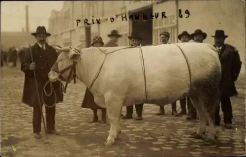 Foto Ak Bauern mit Rinderbulle auf dem Platz