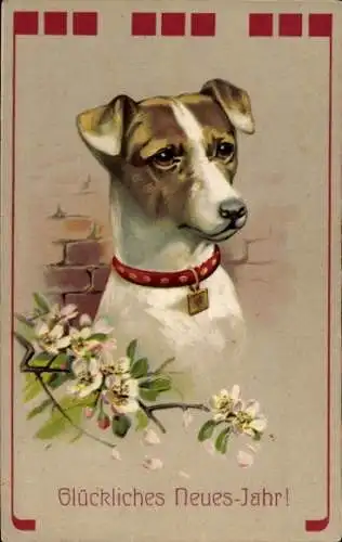Präge Ak Fröhliches Neujahr, Hundeportrait, Terrier, blühender Zweig