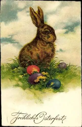 Ak Frohe Ostern, Osterhase mit Eiern im Gras