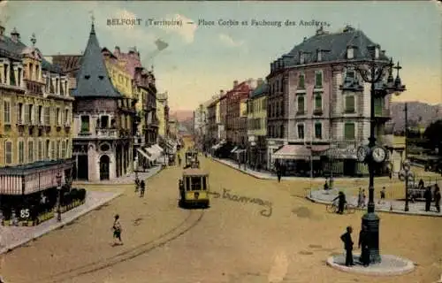 Ak Belfort Beffert Beffort Territoire de Belfort, Place Corbis, Faubourg des Ancetres, Straßenbahn