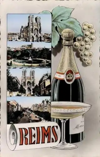 Ak Reims Marne, Eine Champagnerflasche mit zwei Gläsern, verziert mit Weintrauben und Blättern...