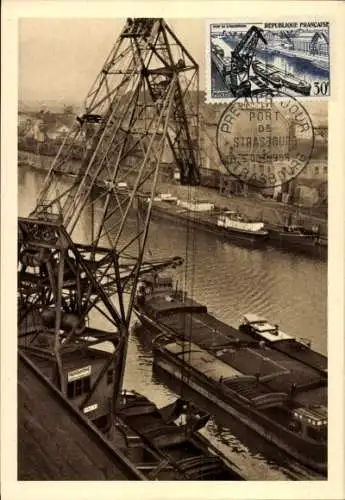 Ak Straßburg Elsass Bas Rhin, Hafen von Straßburg mit Kran und Schiffen