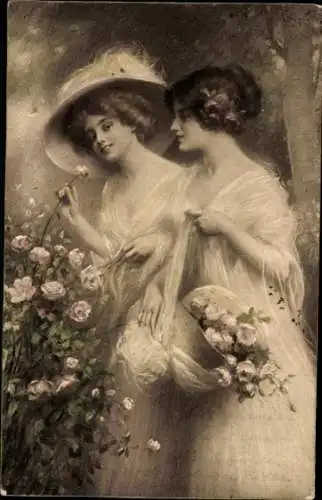 Künstler Ak Junge Frauen, weißes Kleid, Portrait, Rosen