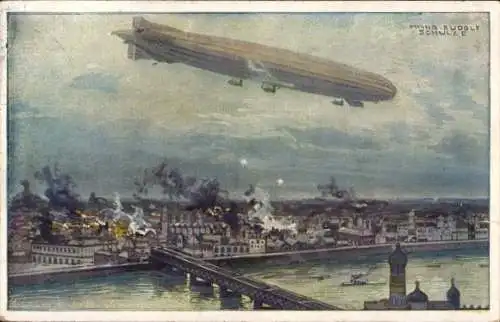 Künstler Ak Schulze, Hans Rudolf, Zeppelin, Luftschiff Schütte Lanz, Warschau bombardierend, I. WK