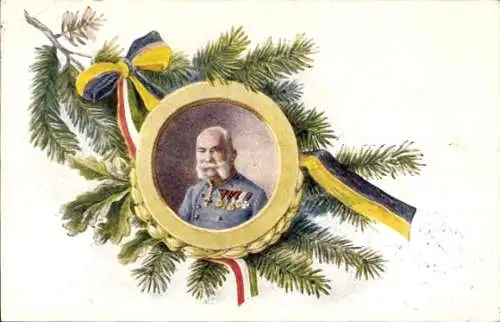 Ak Portrait Kaiser Franz Josef von Österreich Ungarn, Schleifen, Tannenzweig, Eichenlaub