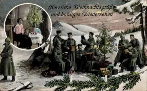 Ak Glückwunsch Weihnachten, Musizierende Soldaten, Frau am Tannenbaum, I. WK