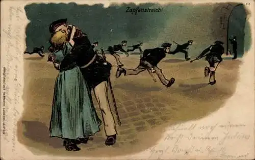 Litho Soldatenliebe, Soldat küsst seine Frau, Liebespaar, Zapfenstreich