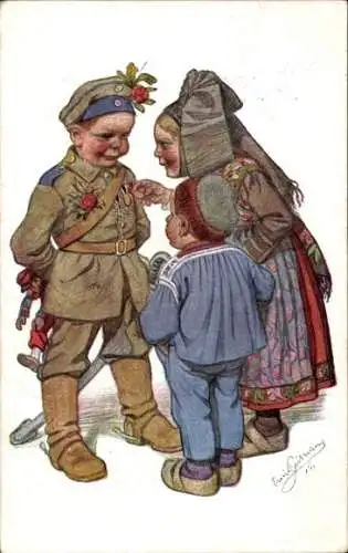 Künstler Ak Beithan, E., Junge in Uniform, Soldat, Kinder in Elsässer Trachten