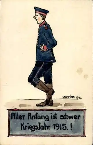 Künstler Ak Schmidt, L., Deutscher Soldat, Aller Anfang ist schwer, Kriegsjahr 1915