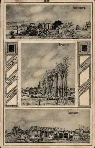 Ak Kriegserinnerungen aus Flandern, Kriegsschauplätze, Finkenburg, Spinnerei, Brauerei