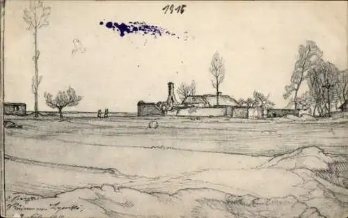 Künstler Ak Zeichnung Gehöft im Field, 7 Kompanie 404 Infanterie Regiment, 201 Infanterie Division