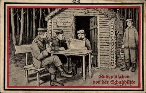 Künstler Ak Ruheplätzchen vor der Schutzhütte, Villa Waldfrieden, Soldaten, 47. Reservedivision