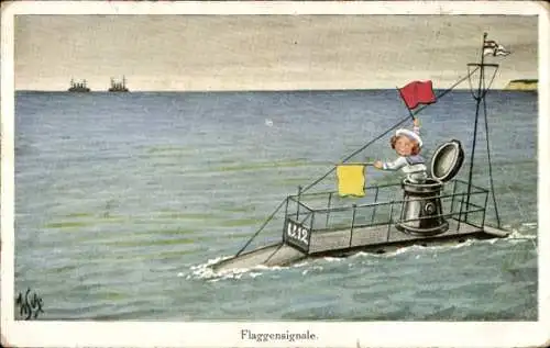 Künstler Ak Scheuermann, Willi, Flaggensignale, Kind als Matrose, Unterseeboot U 12