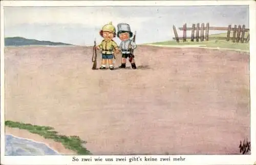 Künstler Ak Scheuermann, Willi, So zwei wie uns zwei gibts keine zwei mehr, Kinder als Soldaten