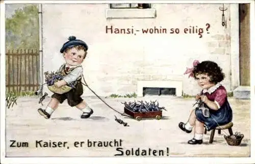 Künstler Ak Scheuermann, Willi, Zum Kaiser, er braucht Soldaten, Kinder, strickendes Mädchen