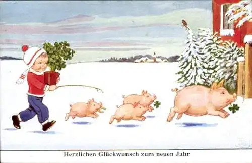 Künstler Ak Wills, John, Fröhliches Neujahr, Junge, Schweine, Kleeblätter